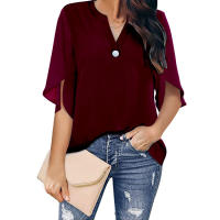 Camiseta de manga corta para mujer, Top de manga corta con cuello en v, informal, camisetas de verano con volantes - details 13