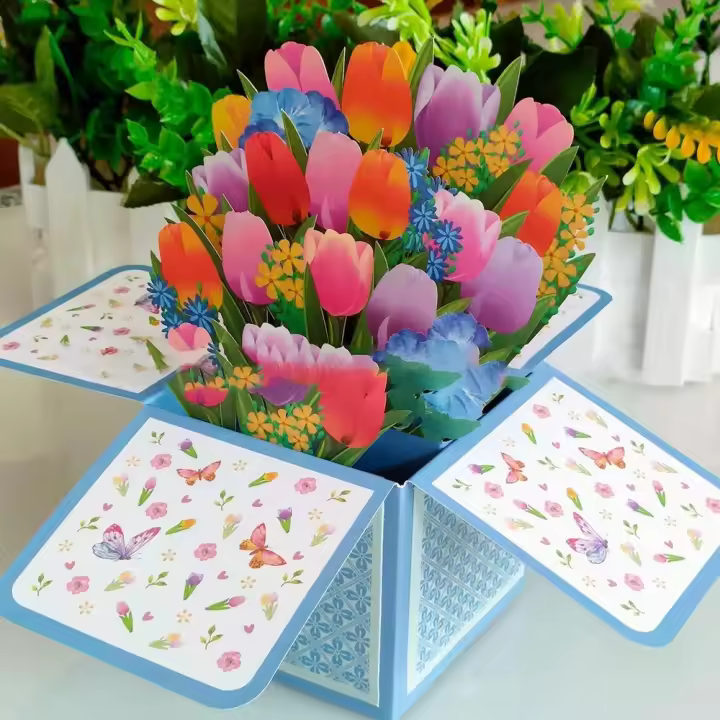 Tarjeta de felicitación de flores tropicales para cumpleaños, ramo de flores de papel 3D, margaritas, rosa de clavel, lirio, girasol, tulipán, 1 unidad - 1