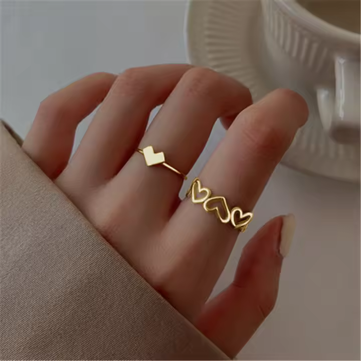 Juego de Anillos de Zirconia Boho Color Oro Letra de Cristal Amor Luna Arco Flor - 1