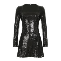 BUNO-vestido negro de lentejuelas para mujer, ceñido al cuerpo con cuello cuadrado, vestidos de fiesta de otoño, tres elegantes para discoteca madura y encantadora - details 8