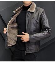 Chaqueta de cuero multicolor Retro para hombre, chaqueta de cuero cálida a prueba de viento con cuello de piel sintética de invierno para hombre - details 5