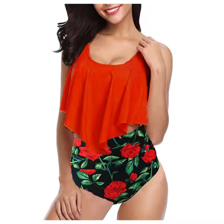 Conjuntos de dos piezas sexys para mujer, trajes de baño con volantes, ropa de playa estampada, conjunto de Bikini de cintura alta, trajes de baño Tankini con realce - 1