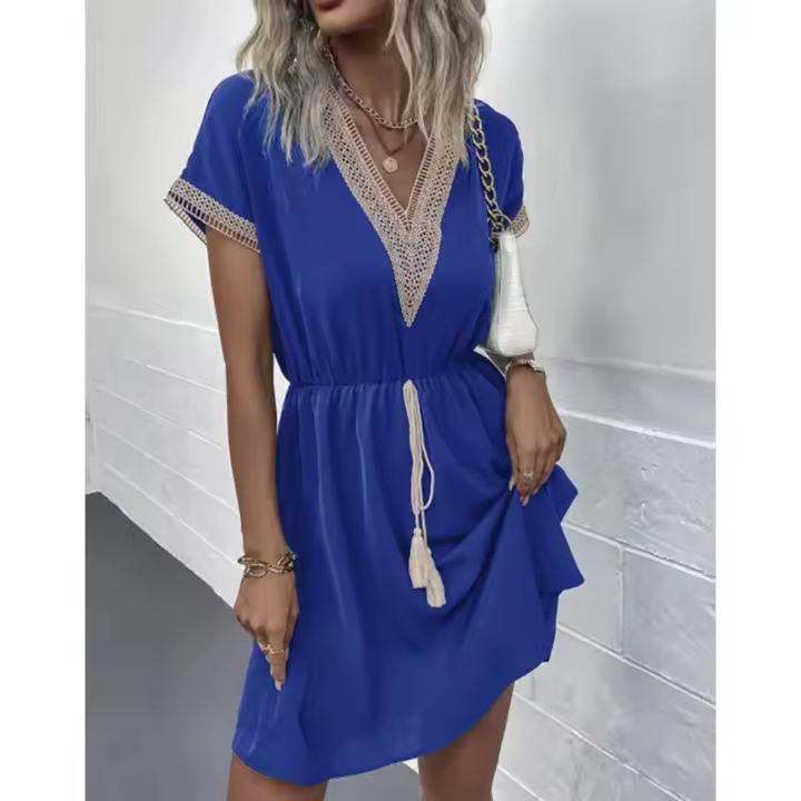 DamasVVestido midi de manga larga con ribete de encaje y cinturón de flecos - 1