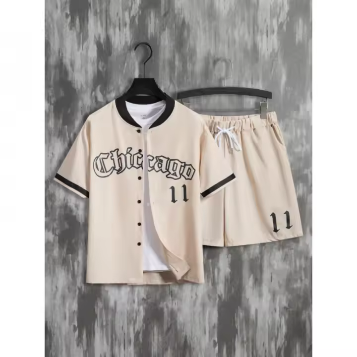 Conjunto Casual de Moda para Hombres Camisetas de Béisbol Manga Corta y Pantalones Cortos con Cordón Perfecto para Verano, Vacaciones, Entrenamiento - 1