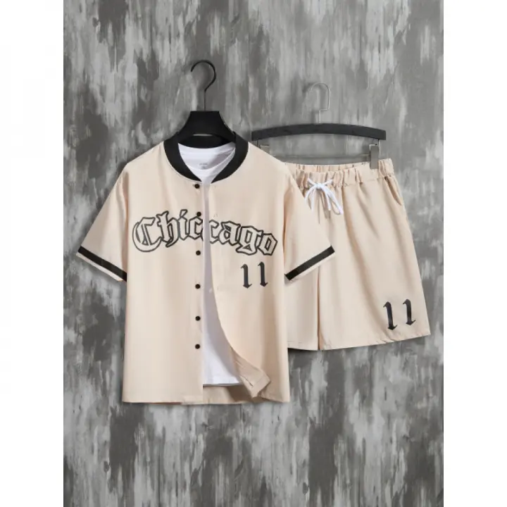 Conjunto Casual de Moda para Hombres Camisetas de Béisbol Manga Corta y Pantalones Cortos con Cordón Perfecto para Verano, Vacaciones, Entrenamiento - 1