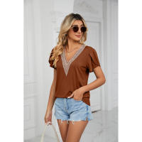 BUNO-2025 Camiseta holgada de manga corta con cuello en V para mujer, Top informal de encaje de Color puro, camiseta holgada cómoda y transpirable para verano - details 39