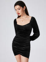 Mujer de cuello cuadrado temperamento vestido de moda de manga larga burbuja vestido de fiesta de terciopelo de manga larga a - details 5
