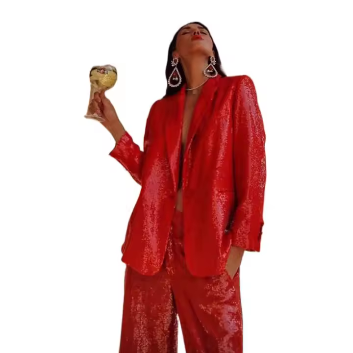 Traje de Fiesta Navideño Rojo con Lentejuelas Cuello Redondo, Manga Larga, Botón Único, Moda para Mujeres 2025 - 1