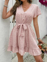 Vestido de manga corta con cuello en V y lazo floral de cintura alta estilo francés de verano para mujer - details 5