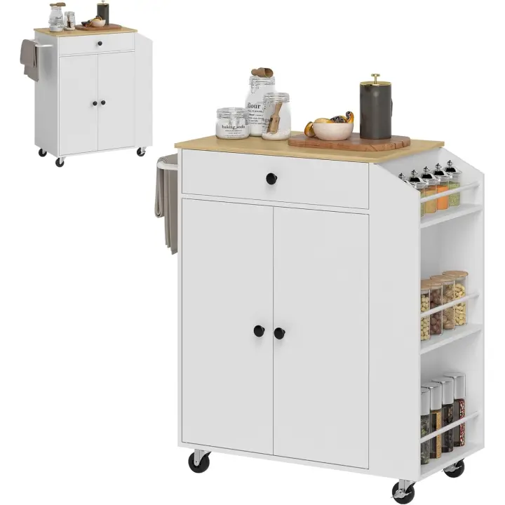 Cocina con Ruedas Carrito de Cocina Mueble Auxiliar de Cocina con 2 Puertas Cajón Especiero de 3 Niveles Toallero y Estante Ajustable 82x38x86,5 cm Blanco - 1