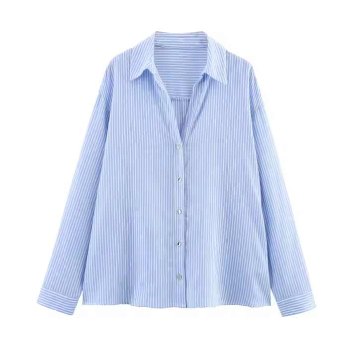 Camisa holgada de manga larga informal a rayas con cuello en V y botonadura sencilla, novedad de verano 2025, moda para mujer - 1