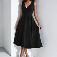 Ropa de mujer europea y americana elegante y de moda vestido de cuello en V sin mangas de cintura alta de color sólido - details 3