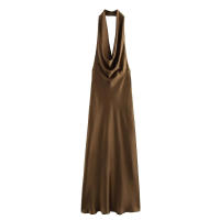 Vestido largo de satén sin mangas para mujer, casual Tre con escote grande y espalda abierta, fruncido, verano - details 6