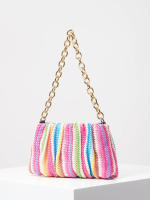 Bolso de hombro tejido Vintage, bolsa de nube plisada, bolso de cadena de Metal, monedero de paja para vacaciones de estilo playero - details 1