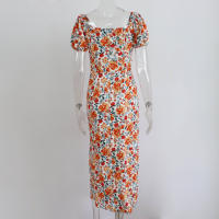 Vestido de mujer, novedad de verano 2025, vacaciones, pausa para el té, cuello cuadrado, falda de longitud media, mangas de burbuja, vestido con abertura Floral francés - details 12