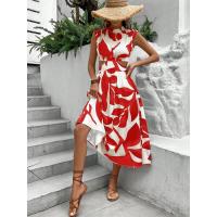 Vestido largo de mujer con estampado floral de plantas, cuello redondo, manga corta y cintura alta para el verano de 2024 - details 8