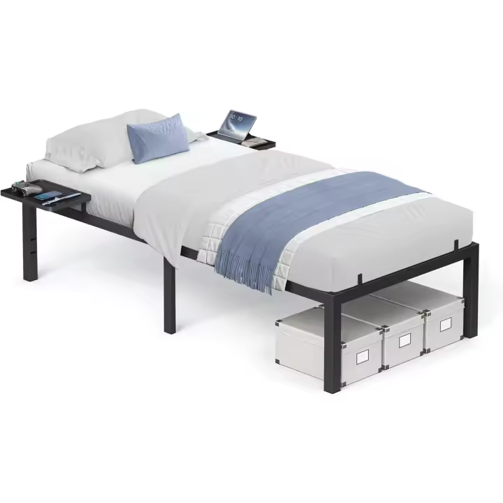 Marco de cama, estructura de cama de metal, con estantes de almacenamiento, cama de invitados, adecuada para colchón de 90 x 190 cm, fácil montaje, negro clásico RMB091B01 - 1