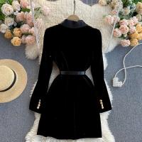 Elegante Vestido de Oficina Coreana Vintage Cuello en Capacha Doble Abotonadura Estilo Otoño-Invierno para Mujeres de Moda de Calle Principal - details 3