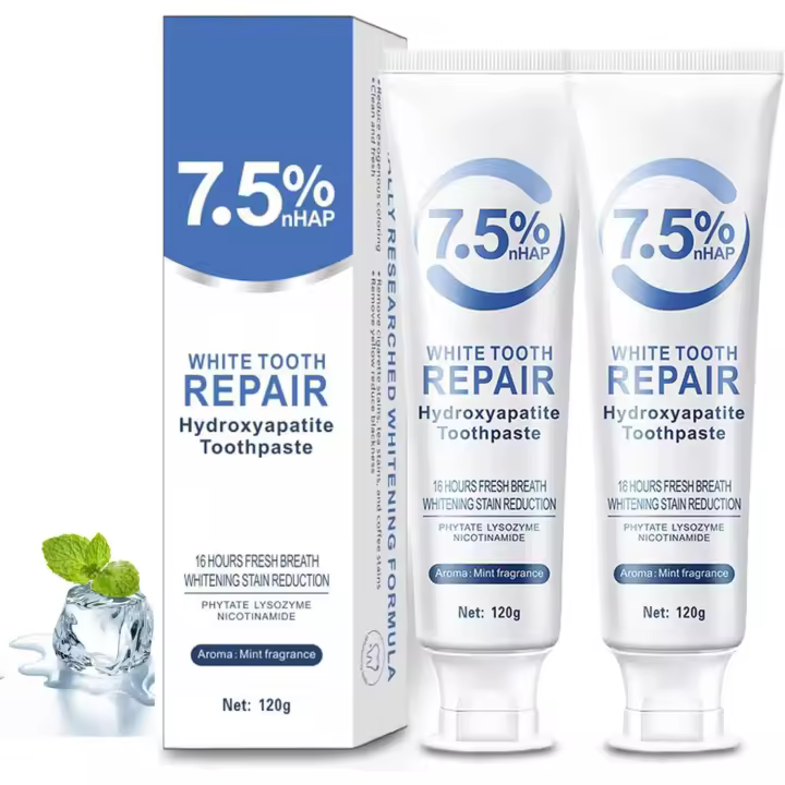 2 pastas de dientes para protección del esmalte y fortalecimiento de los dientes, pasta de dientes con nanohidroxiapatita al 7,5%, menta suave, aliento fresco, - 1