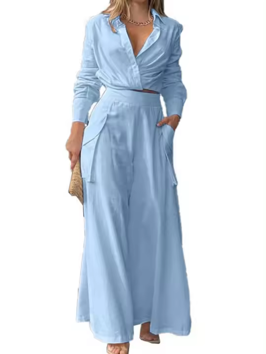 Traje casual de 2 piezas para mujer, camisa de manga larga, cuello trasero y pantalón ancho, elegante - 1