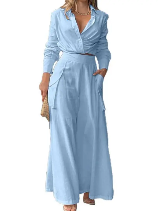 Traje casual de 2 piezas para mujer, camisa de manga larga, cuello trasero y pantalón ancho, elegante - 1