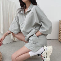 Conjunto de dos piezas de pantalones cortos de manga corta con cremallera y cuello alto para mujer 2025 nuevo conjunto de ropa deportiva casual de moda de verano. - details 31