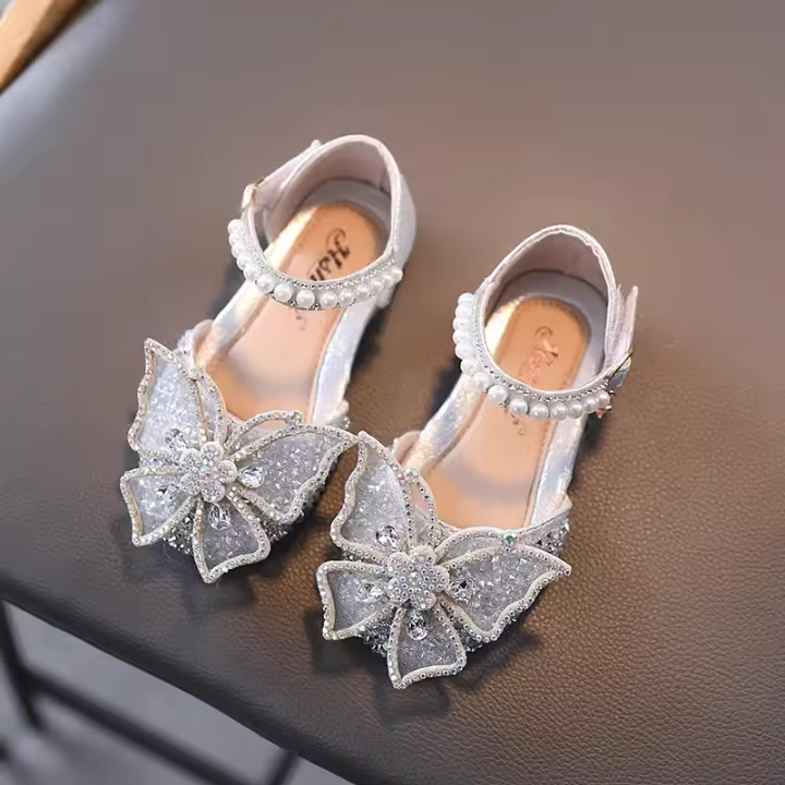 Sandalias de verano para niñas, zapatos de princesa con lazo de diamantes de imitación y lentejuelas, zapatos de tacón plano - 1