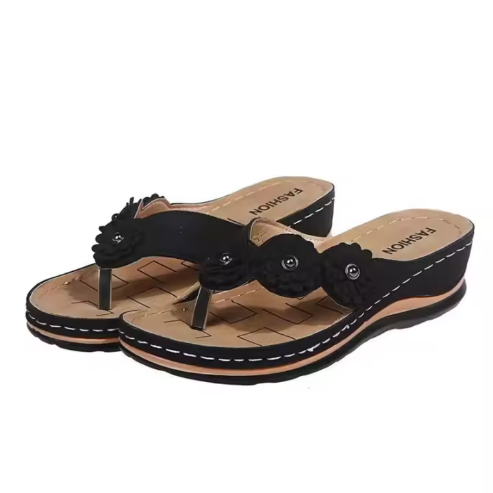 Women Flower Wedge Flip Flops Solid Color Non-slip Arch Support Slides Shoes Casual Outdoor Slippers - 1