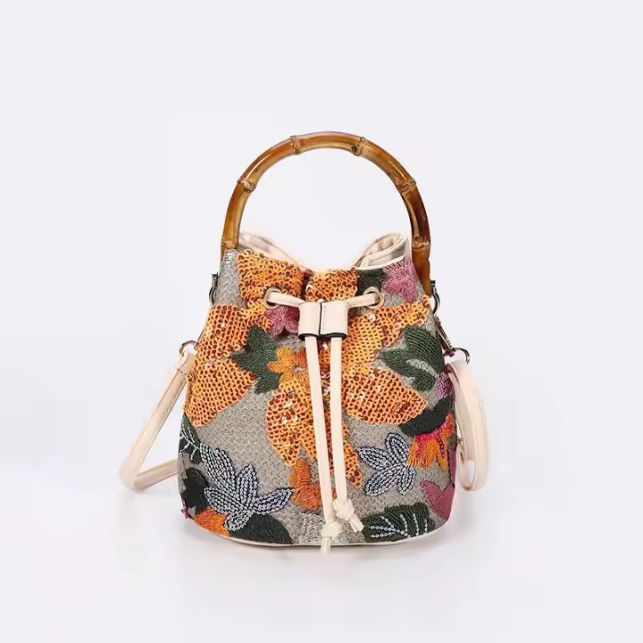 Moda Lentejuelas Bordado Cubo Baboom Handle Bolsos de mujer Flor Paja Hombro Crossbody Bolsos Sumer Beach Tote Bag Mochila de lujo de alta gama - 1
