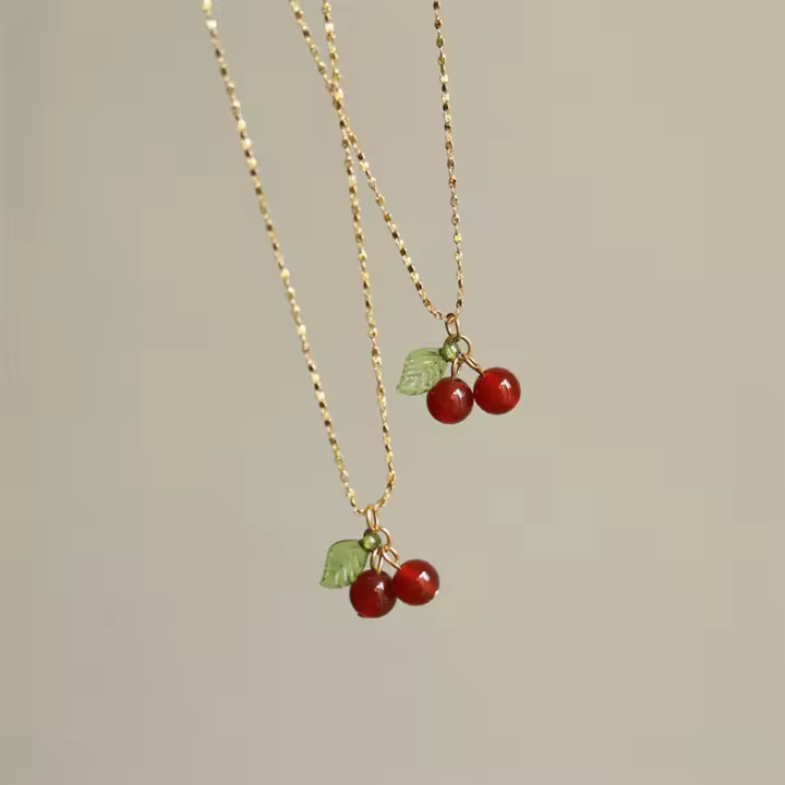 Rojo cereza colgante collar mujer verano luz cadena de clavícula de lujo accesorios - 1