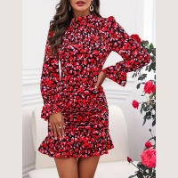 Elegante estampado plisado sentido diseño vestido manga larga cuello vertical volantes envoltura falda de cadera - details 0