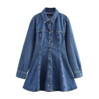 OUWU- Vestido de mezclilla acampanado Primavera 2025, Manga larga, Cuello vuelto, Corte relajado, Uso diario, Estilo callejero informal, Transpirable - details 1