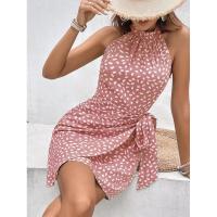 Vestido fruncido floral de lunares sin mangas con cuello halter a la moda de verano para mujer - details 14