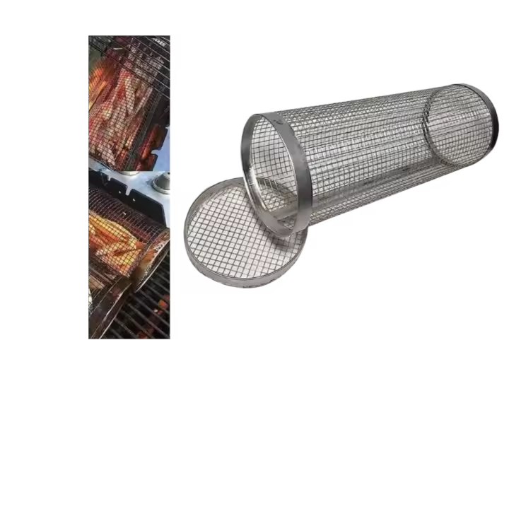 Cesta portátil de acero inoxidable para parrilla de barbacoa, malla a prueba de fugas, cesta rodante antiadherente para asar, jaulas redondas para barbacoa, herramienta para barbacoa - 1