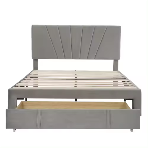 Cama de Almohada de Terciopelo Doble Tamaño 140 x 200 cm Marco de Almohada con Espalda y Cajón Grande Adecuada para Adultos y Adolescentes Gris - 1