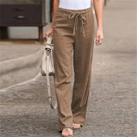 Pantalones Largos Sólidos Para Mujer Casual Algodón Lino Con Cordón Cintura Elástica Pierna Ancha Estilo Callejero Ropa De Mujer - details 4
