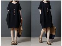 Novedad de verano, vestido holgado de talla grande para mujer, Color sólido, informal, adelgazante, algodón, lino, manga corta de longitud media - details 4