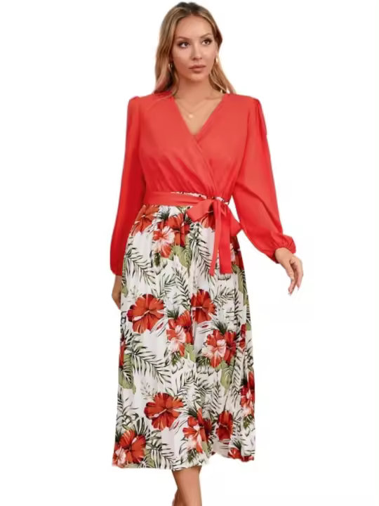 Elegante y hermoso vestido Maxi con cuello en V para mujer, flor Vintage elegante, una línea, manga larga, nuevo en promoción - 1