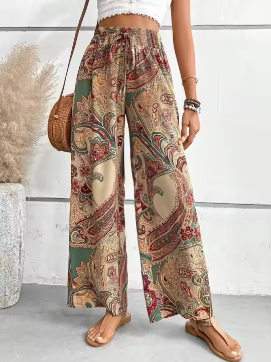 Pantalones largos sueltos informales con cintura elástica de estilo étnico con estampado digital para mujer - 1