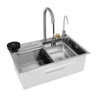 Fregadero de cocina doble integrado, fregadero de acero inoxidable con cascada, 4 modos de agua, 75x35x21 cm - details 0