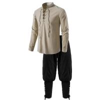 Conjunto de disfraz de caballero Medieval para hombre, camisas de pirata de Cosplay renacentista, pantalones con bandas en el tobillo para Halloween, tela de lino y algodón, 2 uds. - details 3