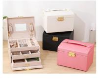 Organizador de joyas para collares, pendientes, pulseras, anillos, organizadores de joyas grandes de cuero PU, joyeros, de mano, joyero de tres niveles con cerradura, cajones, tachuelas, accesorios de joyería, espejo,17x14x13cm - details 3