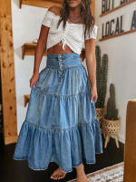Falda larga de mezclilla con dobladillo con volantes escalonados para mujer, falda vaquera con botones de cintura alta y sólido, ropa de calle de fiesta con columpio lavada Vintage - details 2