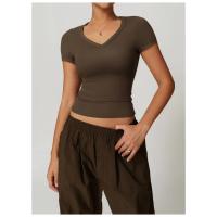 Top corto de manga corta con cuello en V para mujer, camiseta ajustada de yoga, camiseta deportiva de alta elasticidad, top de fitness - details 3