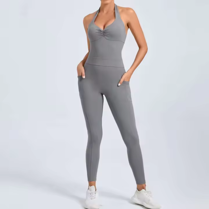Monos de Yoga sin Costuras Ropa Deportiva Ajustada para Mujeres Leggings de Gimnasio con Bolsillo sin Espalda - 1