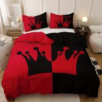 Juego de 3 piezas de cobertores de edredón, juego de ropa de cama con patrón de corona negra y roja, funda de edredón suave - details 1