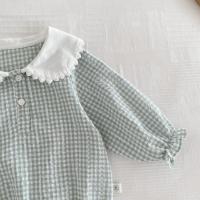 Ready Stock Mono para recién nacidos, pelele elegante a cuadros con cuello Peter Pan y cordón de manga larga para niñas de 0 a 2 años - details 4