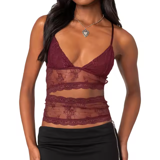 Women Summer Sexy Lace Sheer Camisole V-Neck Spaghetti Strap Sheer Vest Slim Fit Cutout Show Navel Tank S - 1