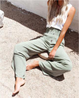 Pantalones de algodón y lino para mujer, pantalón de color liso y lino elástico, pantalones de pierna sueltos y casuales - details 2