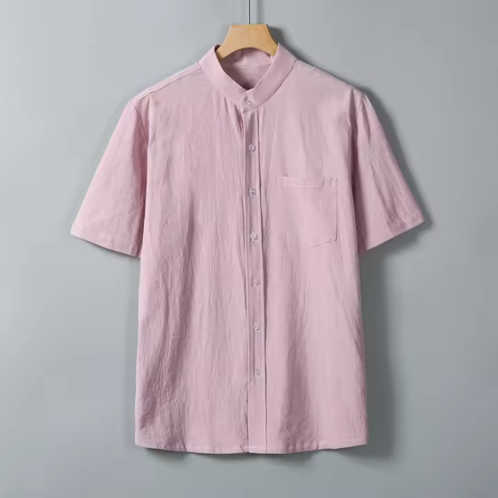 Camisa de gran tamaño para hombres de manga corta 2025 nueva camisa de media manga de algodón y lino camisa de cuello alto casual color sólido camisa de manga corta para hombres - 1